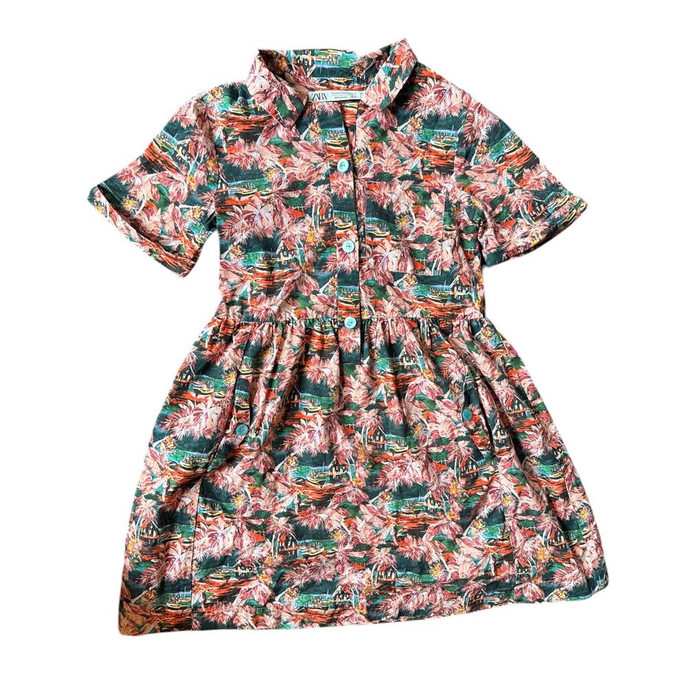Zara Girls Tropical Print Shirt Dress 10Y Button Front Palm Tree